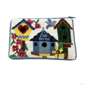 Vintage Handmade Needlepoint Zipper Bag Clutch Pencil Case Bird Houses Country